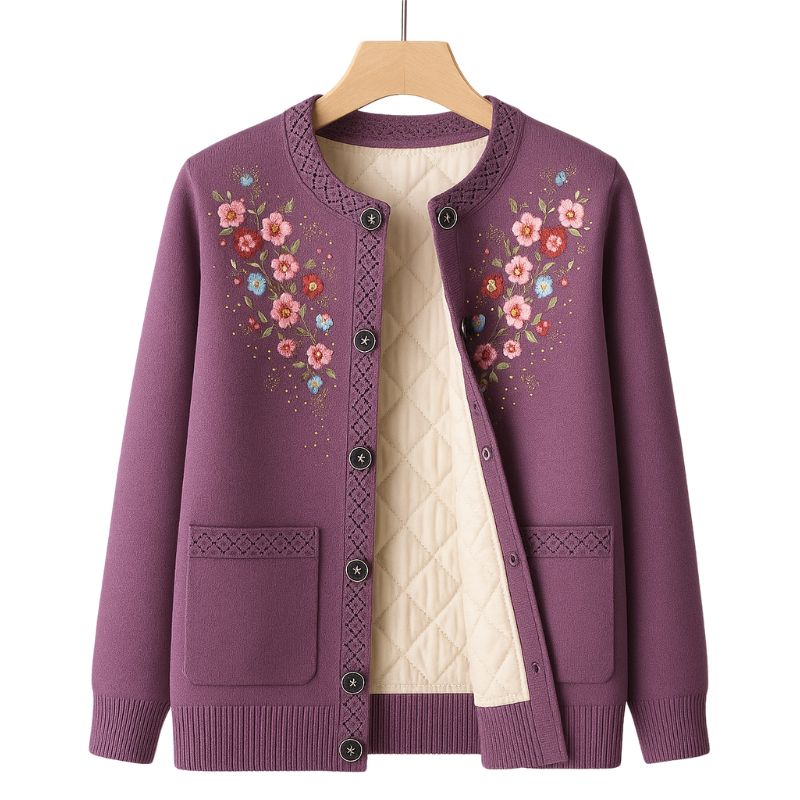 Damen-Cardigan – Winterblumen & Strickmuster